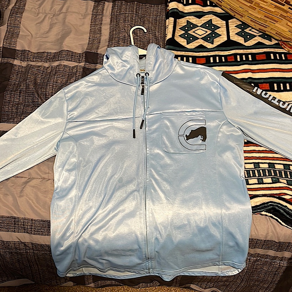 Blue ECKO FNCTN hoodie zip-up. No side pockets. One chest pocket.